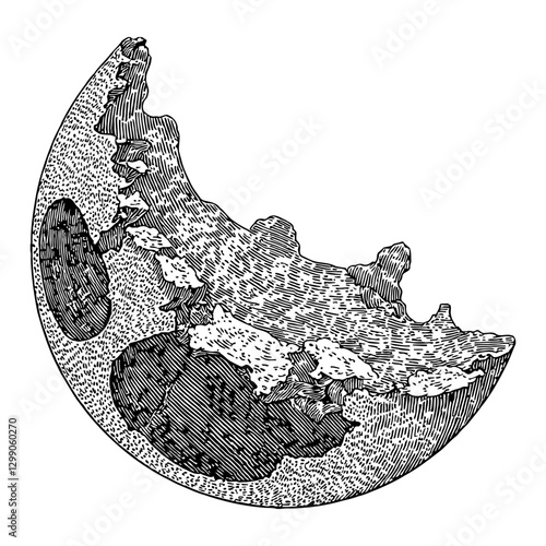 Fractured and Destroyed Half Moon Detailed Black and White Outline Line Art Drawing