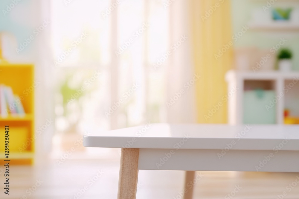 Close-up of a child's white table with wooden legs in a brightly lit room. Playful, inviting scene Close-up of a child's white table with wooden legs in a brightly lit room. Playful, inviting scene