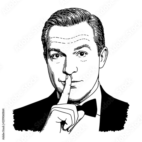 Man in Tuxedo Silence Gesture Black and White Outline Line Art Drawing Illustration