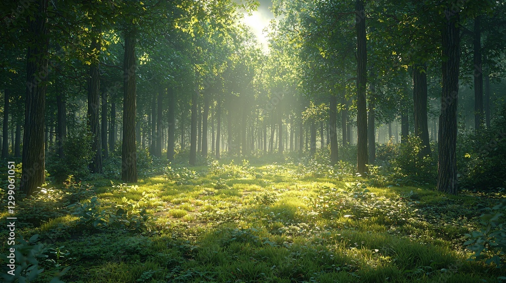 Obraz premium Serene Sunlit Forest with Lush Green Vegetation and Gentle Morning Light
