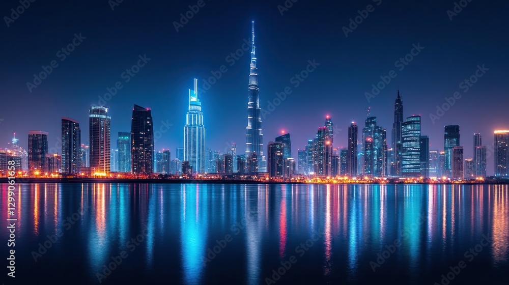 Fototapeta premium Dubai Skyline at Night, Cityscape Reflection on Water