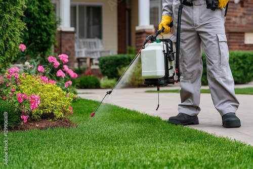 A professional pest control specialist sprays pesticide on a green lawn outdoors for effective pest management.