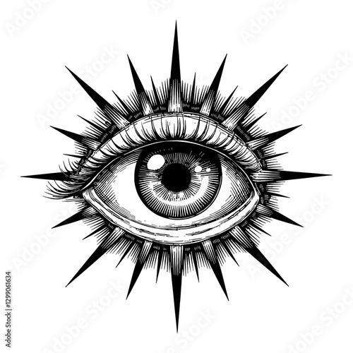 Mystic Eye with Sunburst Effect Black and White Detailed Outline Line Art Drawing