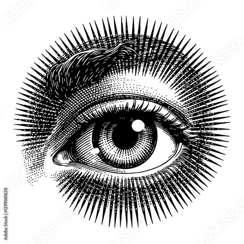 Eye with Shining Sunburst Effect Detailed Black and White Outline Line Art Drawing