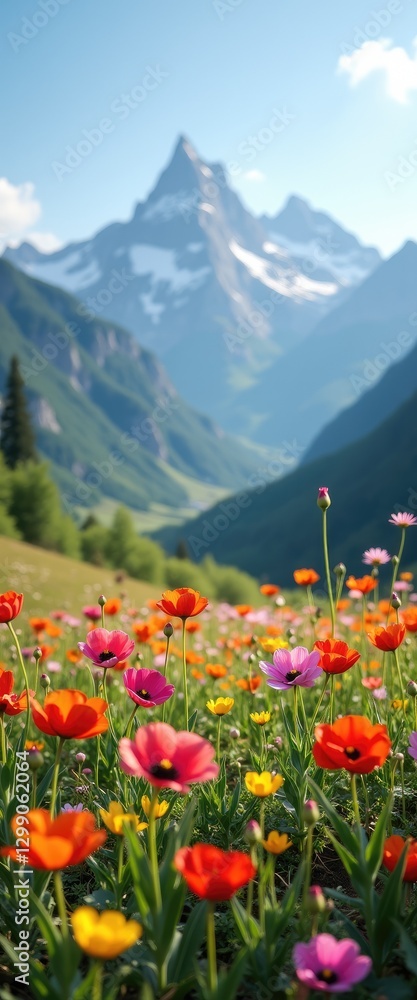 Scenic flower field with joyful mood and majestic mountains in the background Scenic flower field with joyful mood and majestic mountains in the background