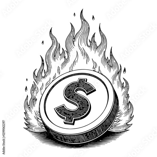 Burning Dollar Coin Detailed Black and White Outline Line Art Drawing Style Vector