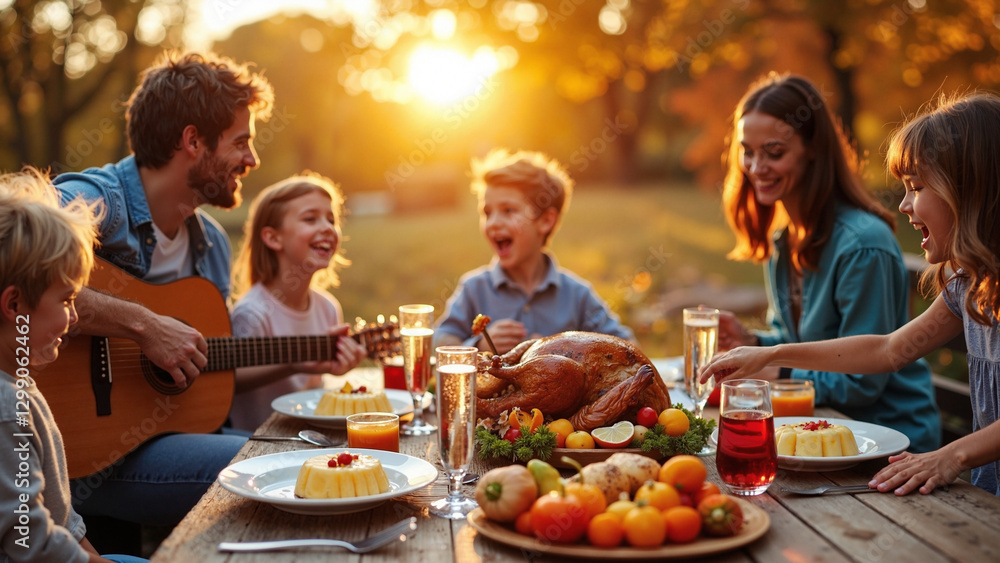 Joyous Family Thanksgiving: Outdoor Feast with Music and Pet - Perfect for Holiday Marketing and Family Blogs Joyous Family Thanksgiving: Outdoor Feast with Music and Pet - Perfect for Holiday Marketing and Family Blogs