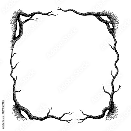 Decorative Frame Made of Bare Tree Branches Black and White Outline Line Art Drawing