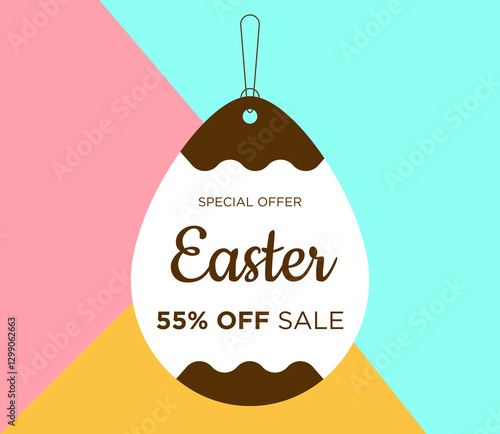 55% off Sale Happy Easter promotion and special offer discount inside the Easter egg. Fifty five percent off price tag label. Template for Easter. Vector Illustration.