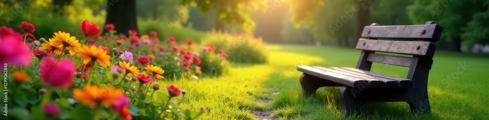 Wooden bench, colorful flowers, dew-kissed petals Dawn in English park , tranquil, aesthetic Wooden bench, colorful flowers, dew-kissed petals Dawn in English park , tranquil, aesthetic