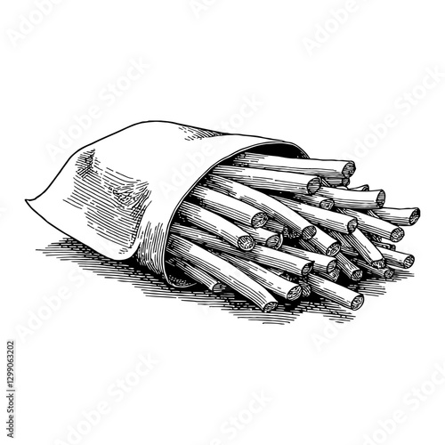 French Fries in Paper Package Vintage Black and White Outline Line Art Drawing Illustration