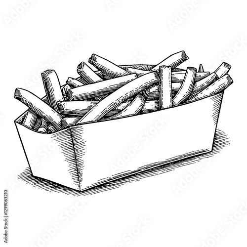 French Fries in Paper Package Vintage Style Black and White Outline Line Art Drawing