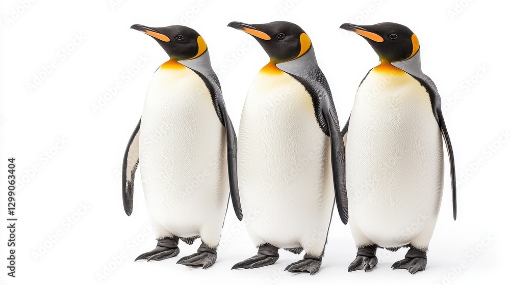Fototapeta premium Three King Penguins Standing in a Row Against a White Background
