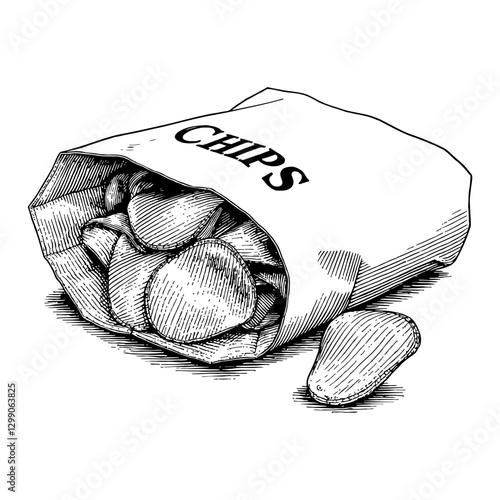 Potato Chips on Paper Package Detailed Black and White Outline Line Art Drawing Design