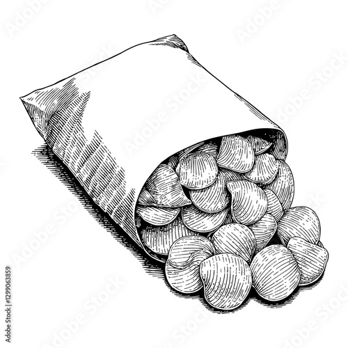 Potato Chips Spilling from Paper Package in Black and White Outline Line Art Drawing Style