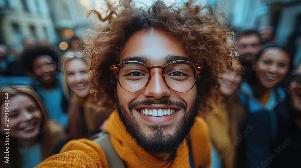 A group of eight diverse friends joyfully pose for a selfie outdoors, smiling widely. A group of eight diverse friends joyfully pose for a selfie outdoors, smiling widely.