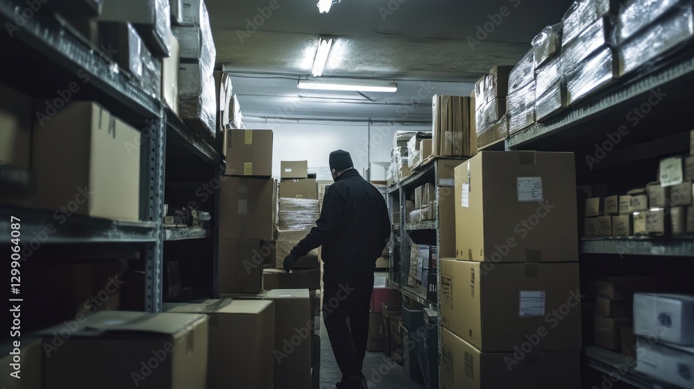 Thief in dark warehouse, stealing boxes, blurred background, possible use for security