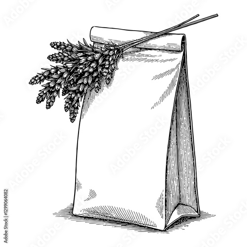 Potpourri Paper Bag with Lavender Flower in Black and White Outline Line Art Drawing