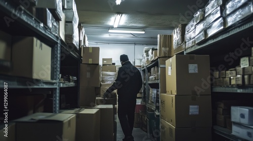 Obraz na płótnie Thief in dark warehouse, stealing boxes, blurred background, possible use for security w salonie
