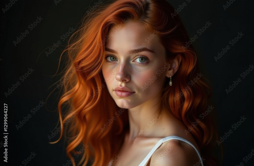 Fototapeta premium Young caucasian female with long red hair and soft expression in portrait