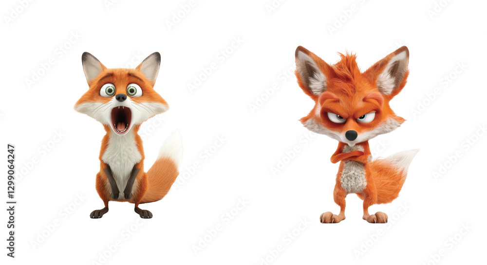 Two animated fox characters with different expressions showing varied emotions and personality Two animated fox characters with different expressions showing varied emotions and personality