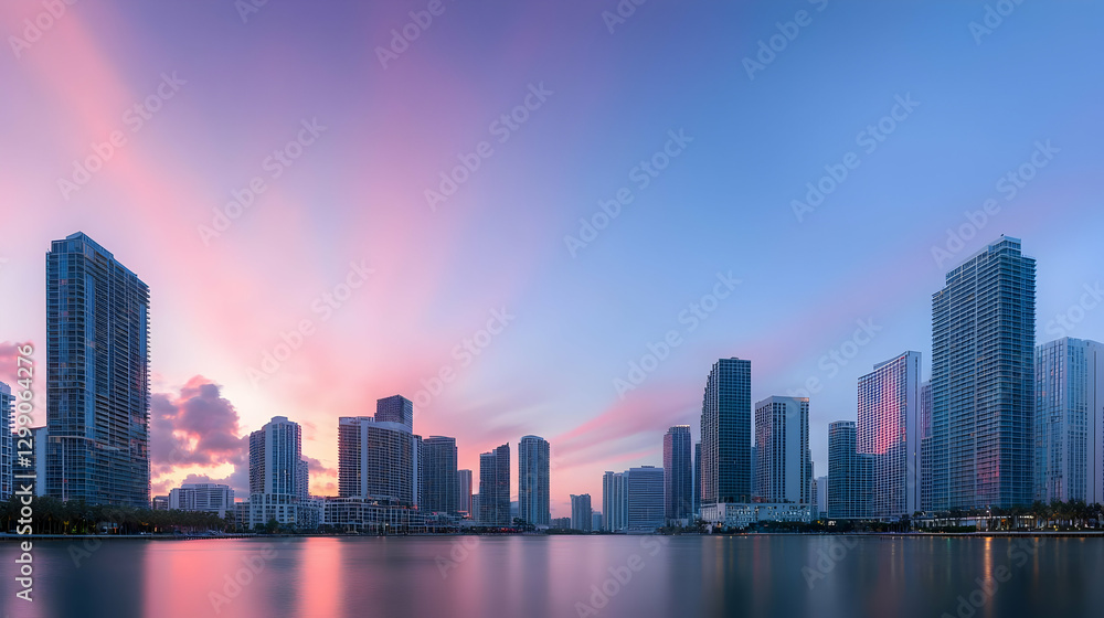 City Skyline Reflecting On Lake Water At Sunset With Pink And Blue Sky City Skyline Reflecting On Lake Water At Sunset With Pink And Blue Sky