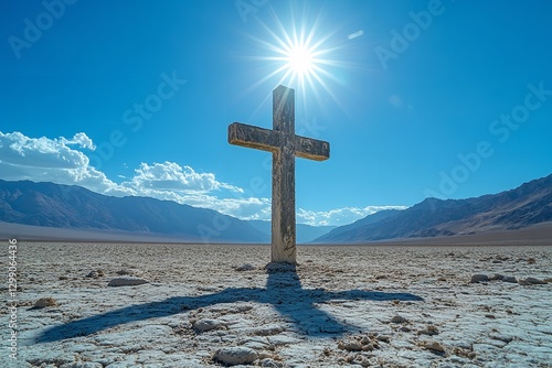 A Christian cross gleaming in the midst of a desert under the glaring noon sun, surrounded by heat mirages and a bright blue sky. Generative Ai photo