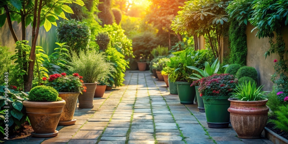 Fototapeta premium Serene Garden Path with Lush Greenery and Terracotta Pots in Warm Sunlight
