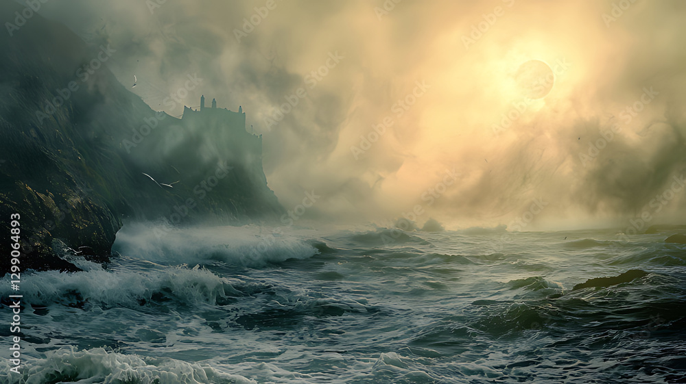 Fototapeta premium Haunting Coastal Castle Under a Misty Sunset by the Sea