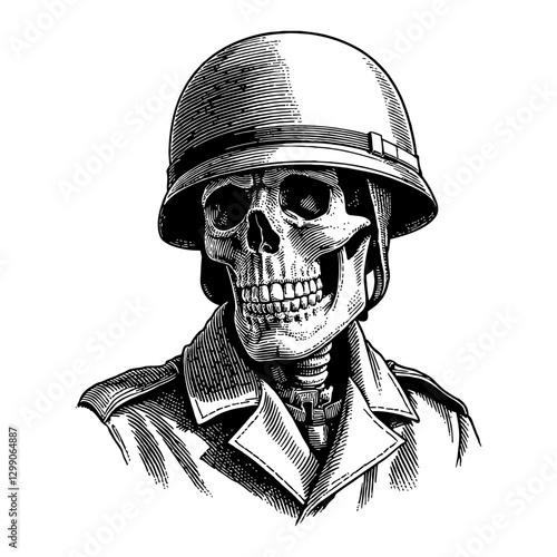 Skull Skeleton Soldier Wearing Helmet Military Costume Detailed Black and White Outline Line Art Drawing