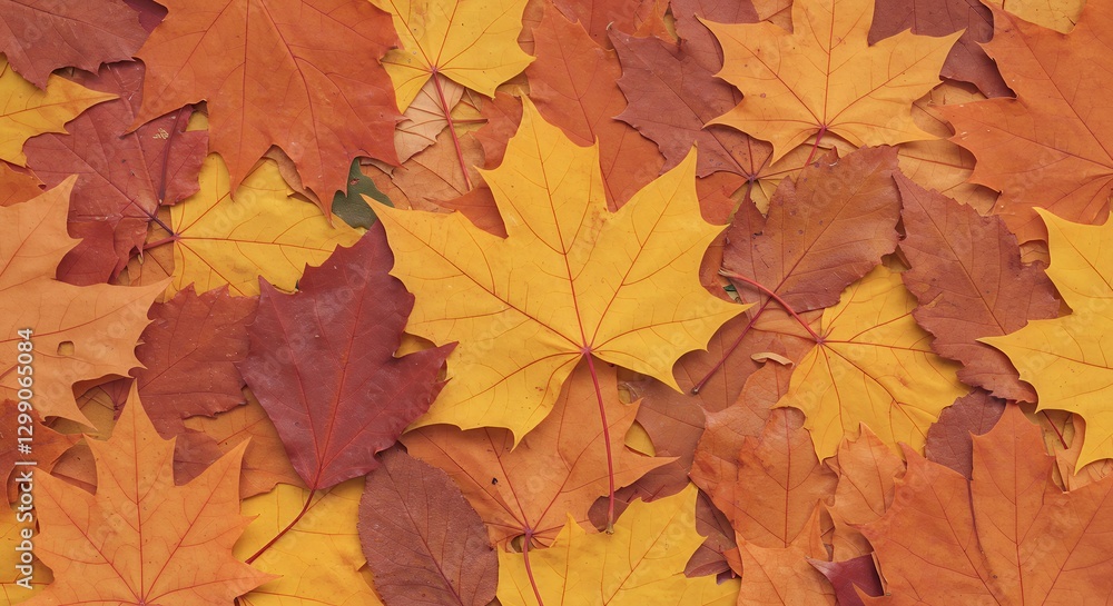 Fototapeta premium Colorful Autumn Maple Leaves Scattered on Ground Seasonal Fall Foliage Texture