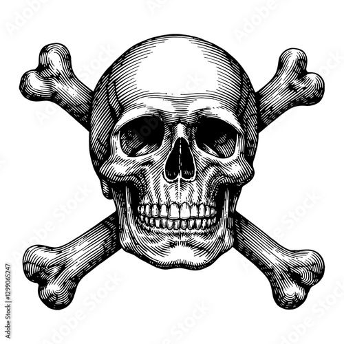 Skull and Crossbones Pirate Symbol Vintage Black and White Outline Line Art Drawing