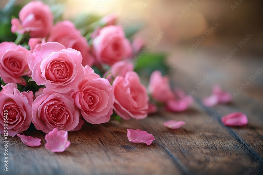 Obraz premium Mother's Day greeting on a wooden table with little pink flowers. Generative Ai