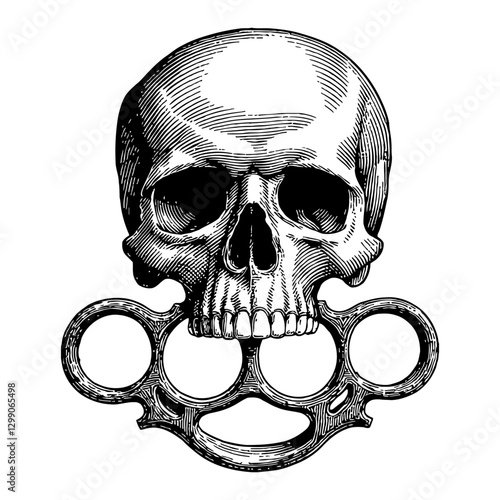 Skull with Iron Brass Knuckles Symbol Below in Black and White Outline Line Art Drawing