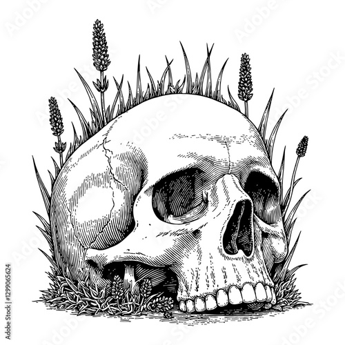 Skull with Overgrowth Lavender Detailed Black and White Outline Line Art Drawing Engraving Style