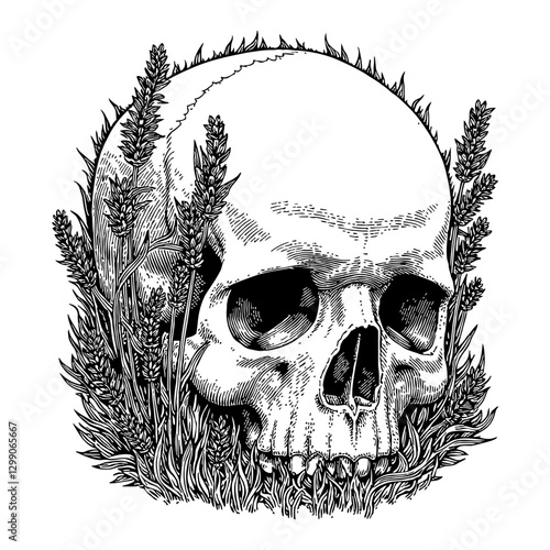 Skull with Overgrowth Lavender Plant Detailed Black and White Outline Line Art Drawing