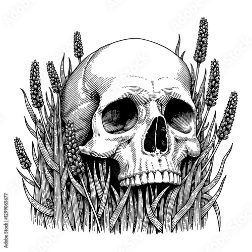 Skull and Lavender Overgrowth Vintage Black and White Outline Line Art Drawing Detailed