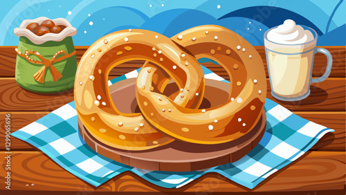 Freshly baked homemade soft pretzel with salt on rustic table. Perfect for Octoberfest.