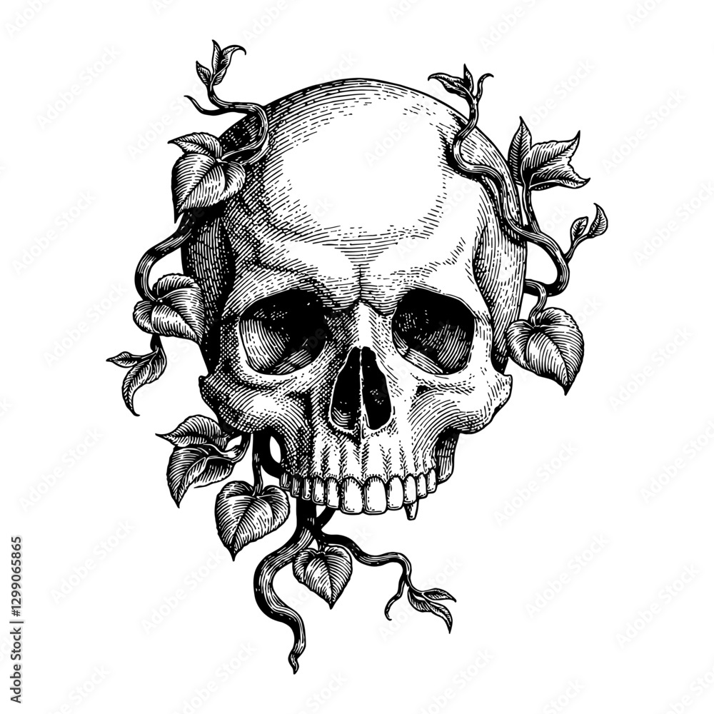 Fototapeta premium Engraved Skull with Vines and Leaves Detailed Black and White Outline Line Art Drawing