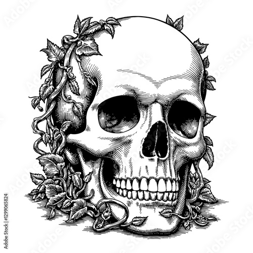 Detailed Skull with Overgrowth Vines in Black and White Outline Line Art Drawing Isolated