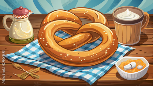 Freshly baked homemade soft pretzel with salt on rustic table. Perfect for Octoberfest.