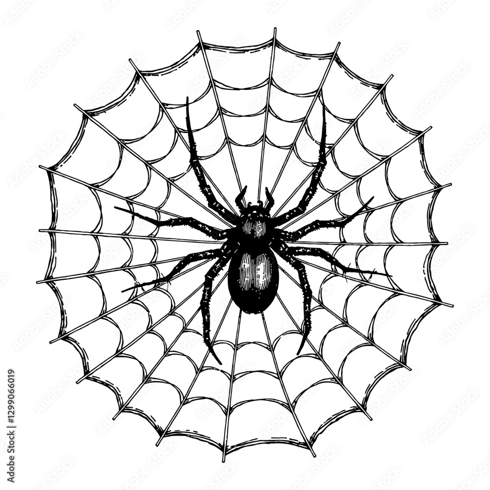 Obraz premium Detailed Spider on Web Black and White Drawing Illustration Outline Line Art Drawing