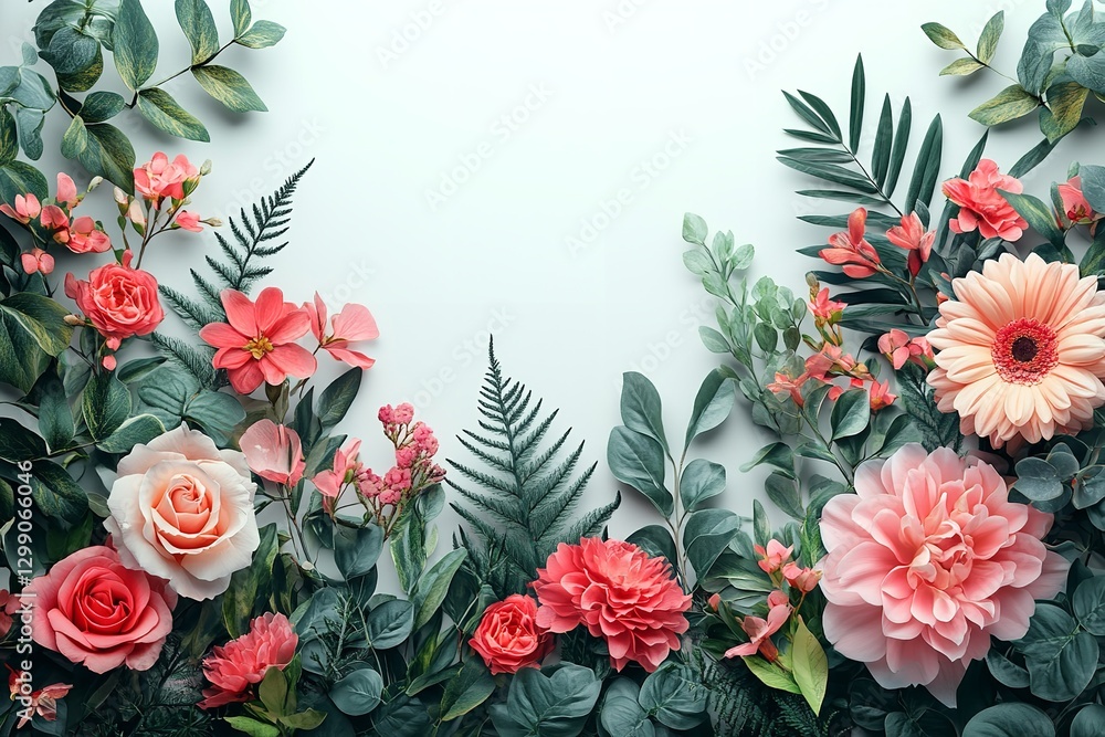 Obraz premium Vibrant blooms on an elegant floral border rich flora on a pale backdrop. Perfect for romantic themes for Mother's Day, Women's Day, Valentine's Day, or wedding invites. Generative&nbsp; Ai
