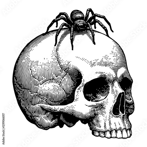 Creepy Spider Crawling on Skull in Detailed Black and White Outline Line Art Drawing