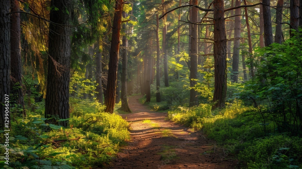 Fototapeta premium Forest trail with sunlight filtering through the canopy with