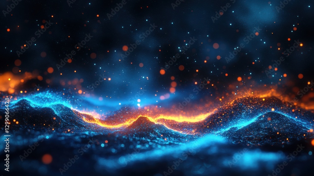 Obraz premium Abstract Digital Landscape with Glowing Blue and Orange Particles