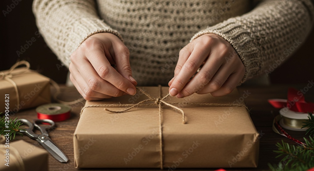 Obraz premium A person wrapping a present with twine and festive decorations, preparing a thoughtful gift.