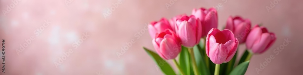 Fototapeta premium Pink tulips in a loose bouquet on a soft focus background with some subtle texture, floral arrangement, garden, vase