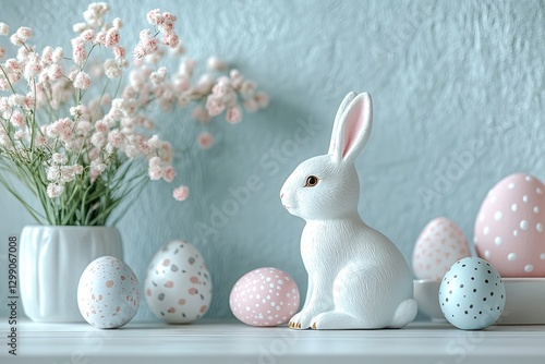 A minimalist backdrop for Easter Day. A few spring flowers, a little rabbit figure, and adorned eggs are among the Easter-related objects in the scene, which is softly pastel in hue. Generative Ai