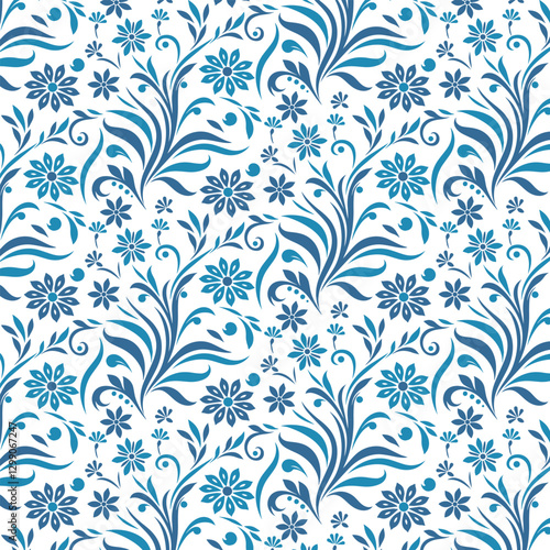 retro seamless blue floral pattern with damask-inspired elements for fashionable table tops and textile designs

